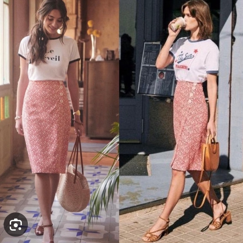 Sezane Maisie Red Floral Midi Skirt